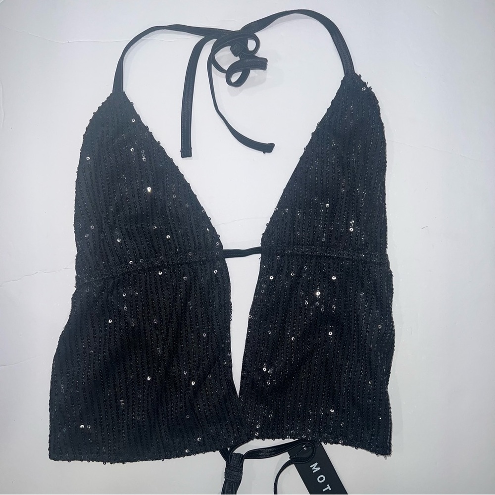 Motel Rocks Runita Halter Top in Black Drape Sequin - Size Large - Reemoly